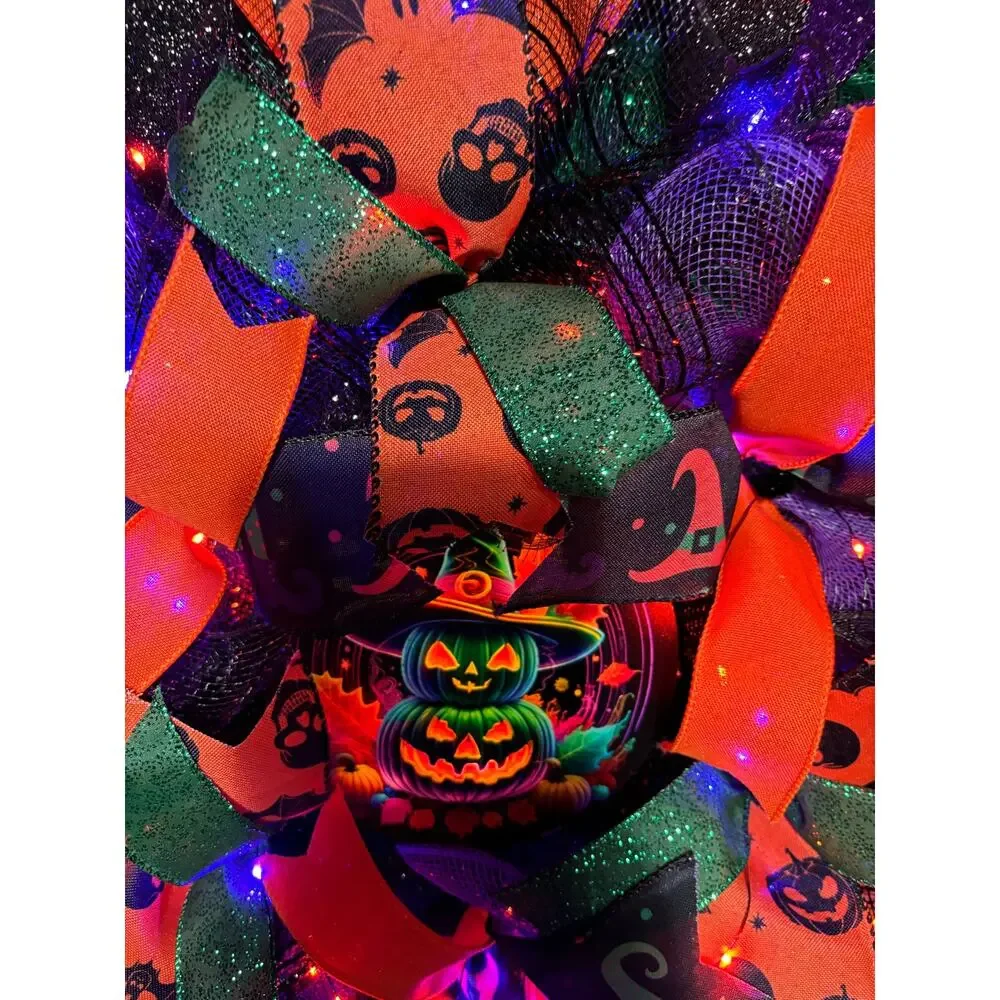 Pre Lit Halloween Wreath Glowing Pumpkin Light Up 24 Inch Handmade Deco Mesh